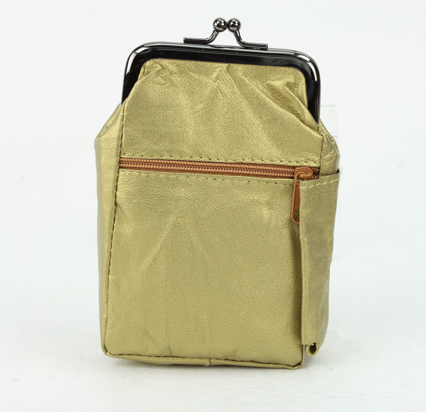 Leather Impressions Leather Case with Twist Clasp, Small Zipper Wallet for Essentials Like Card, Cash or Keys, Pocket Wallets for Women & Men Metallic Gold 5"x3"