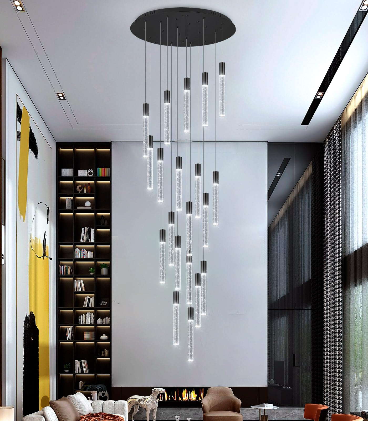 Haixiang 13 Foot High Ceiling Chandelier For Entryway Modern Crystal Lights For Living Room Foyer Flush Mount Sloping Ceiling Pendant Light Fixture Remote Dimmable 20-Lights Black