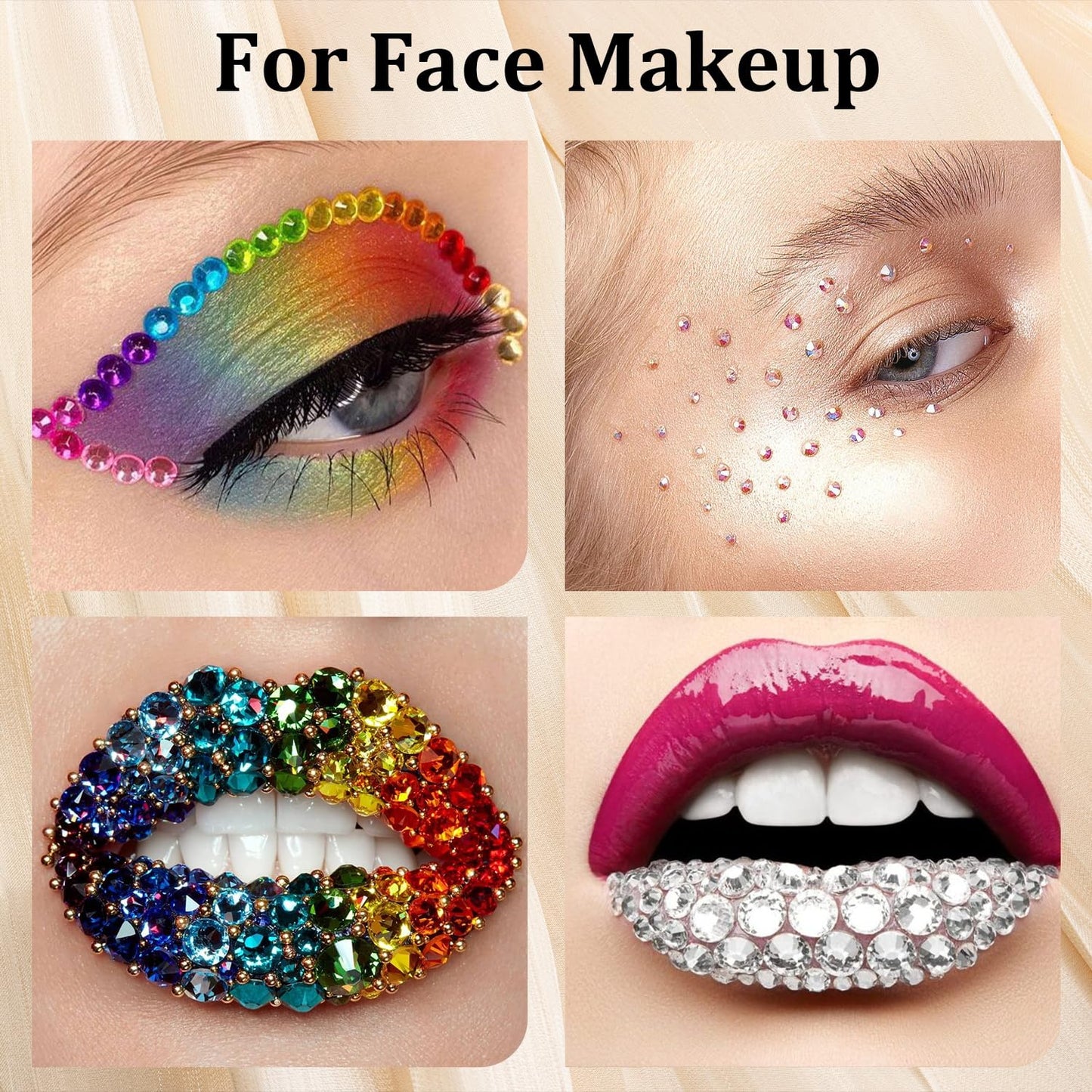 Colorful Face Gems for Makeup Set, Flatback Gorgeous Clear Glass Gem and Mixed-Colored Crystals with Makeup Glue+Picker Pencil+Tweezer+Dual-End Dotting Tool for Eye Body Hair Make-up and Nail Art Deco