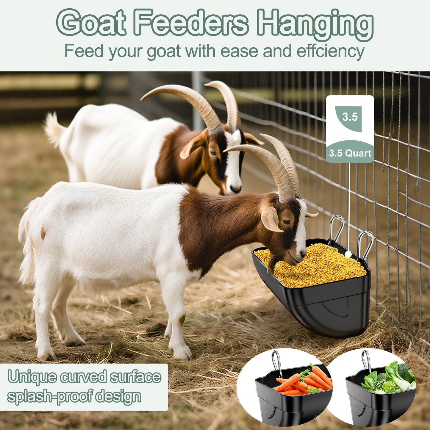 Tiflev Goat Feeders Hanging 6 Pack 3.5 Quart, Chicken Waterer Feeder Trough for Poultry Livestock Black