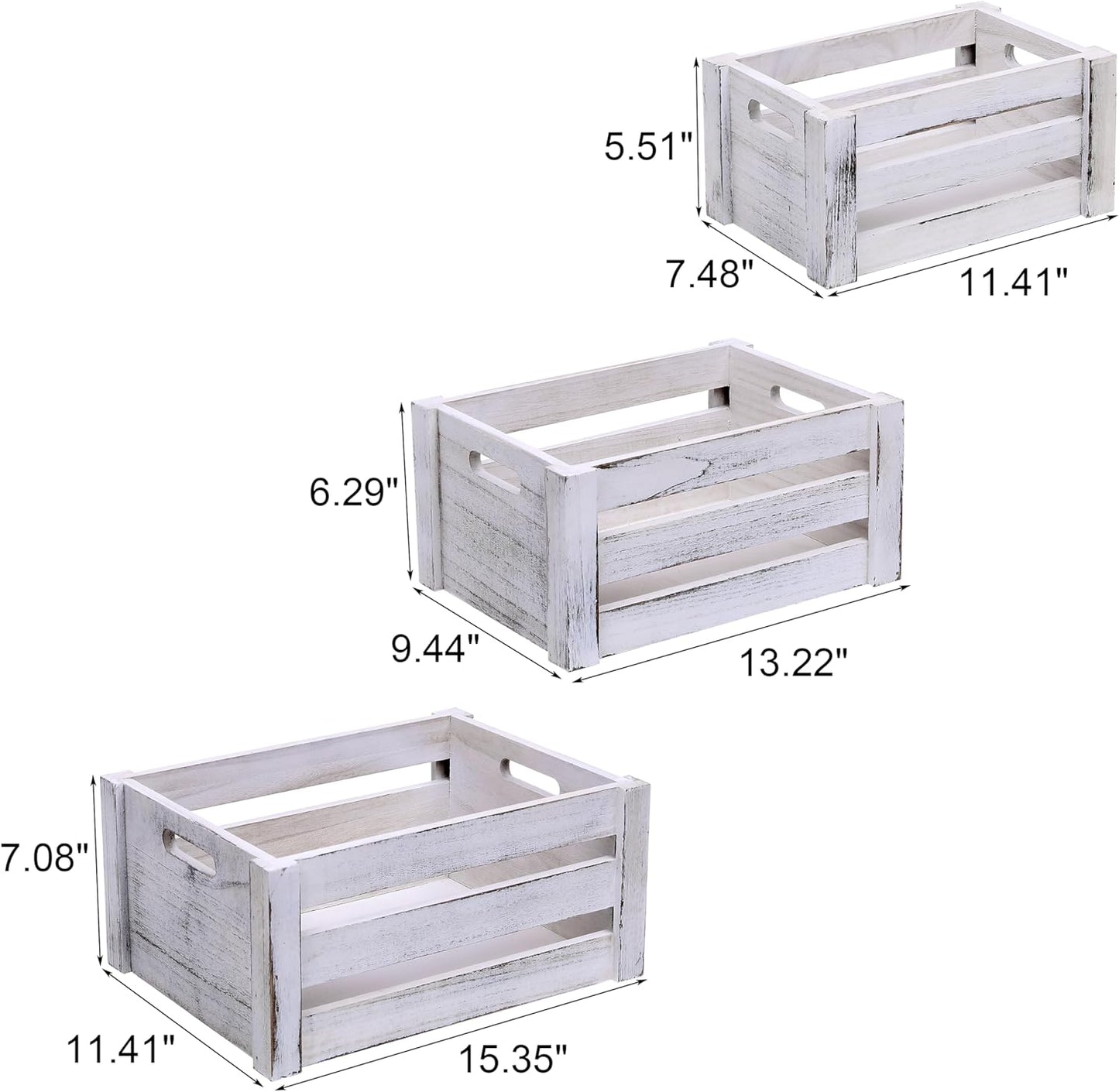 Large Vintage Black Wooden Crates for Display, Set of 3 With Handles, Rustic Handmade Boxes for Storage, Solid Decorative Boxes (Rustic White)