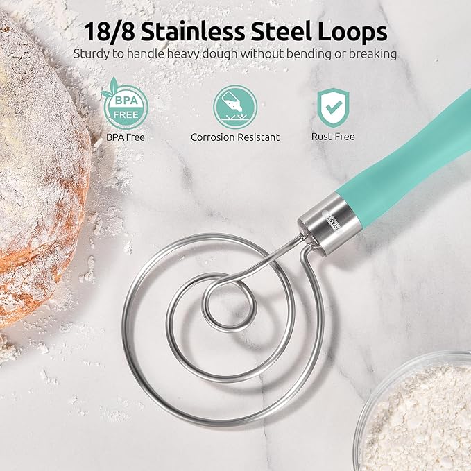 U-Taste 18/8 Stainless Steel Measuring Cups and Spoons Set of 10 (Multicolors) and 12.6in Stainless Steel Danish Dough Whisk (Aqua Sky)