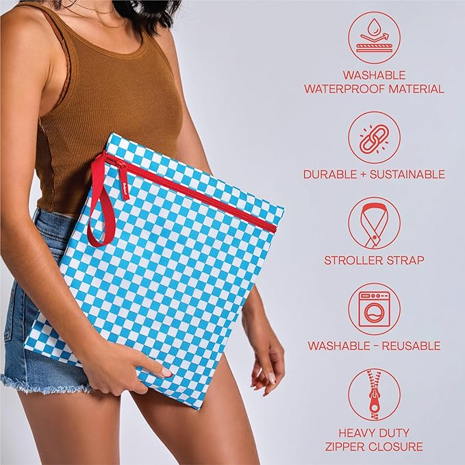 Bodysurf Waterproof Wet Bag for Swimsuit, Travel, Baby Essentials - Reusable Compact Organizer & Lightweight Storage for Dirty Laundry, Cloth Diapers, Gym, Yoga, Beach, Pool - Electric Blue, Checkered