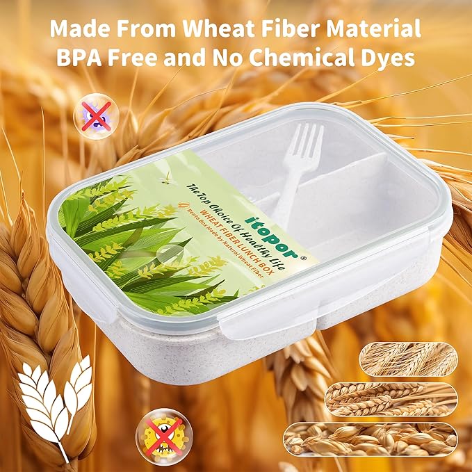 Wheat Straw Bento Box, BPA-Free Lunch Box for Kids & Adults - Leakproof 3-Compartment Lunch Containers with Utensil, Microwave & Dishwasher Safe, 5.5 Cup White