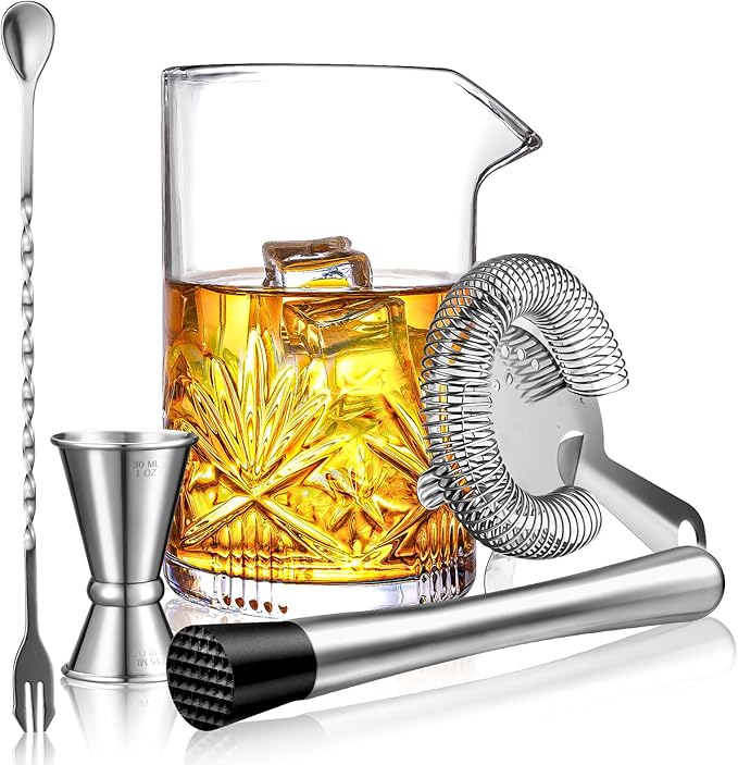 Cocktail Mixing Glass, veecom 18oz Crystal Bartender Kit, 5 Piece Bar Mixing Glass Old Fashioned Cocktail Kit with Straine...