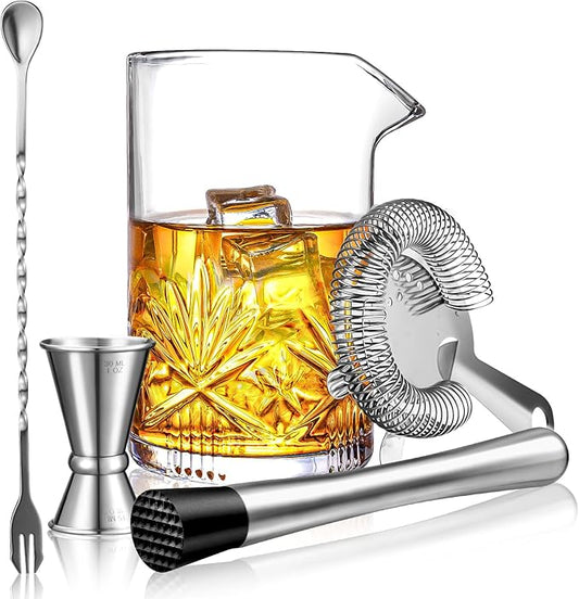 Cocktail Mixing Glass, veecom 18oz Crystal Bartender Kit, 5 Piece Bar Mixing Glass Old Fashioned Cocktail Kit with Straine...
