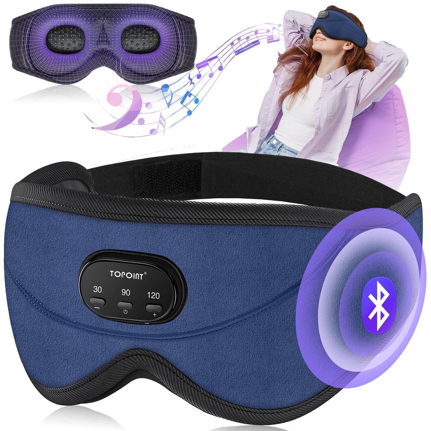 TOPOINT Sleep Mask with Bluetooth Headphones, 3D Eye Mask for Sleep Headphones with White Noise, Total Blackout, 5.4 Bluetooth, Timer, 15 Hours for Women Men, Travel, Meditation, Nap, CPAP Users