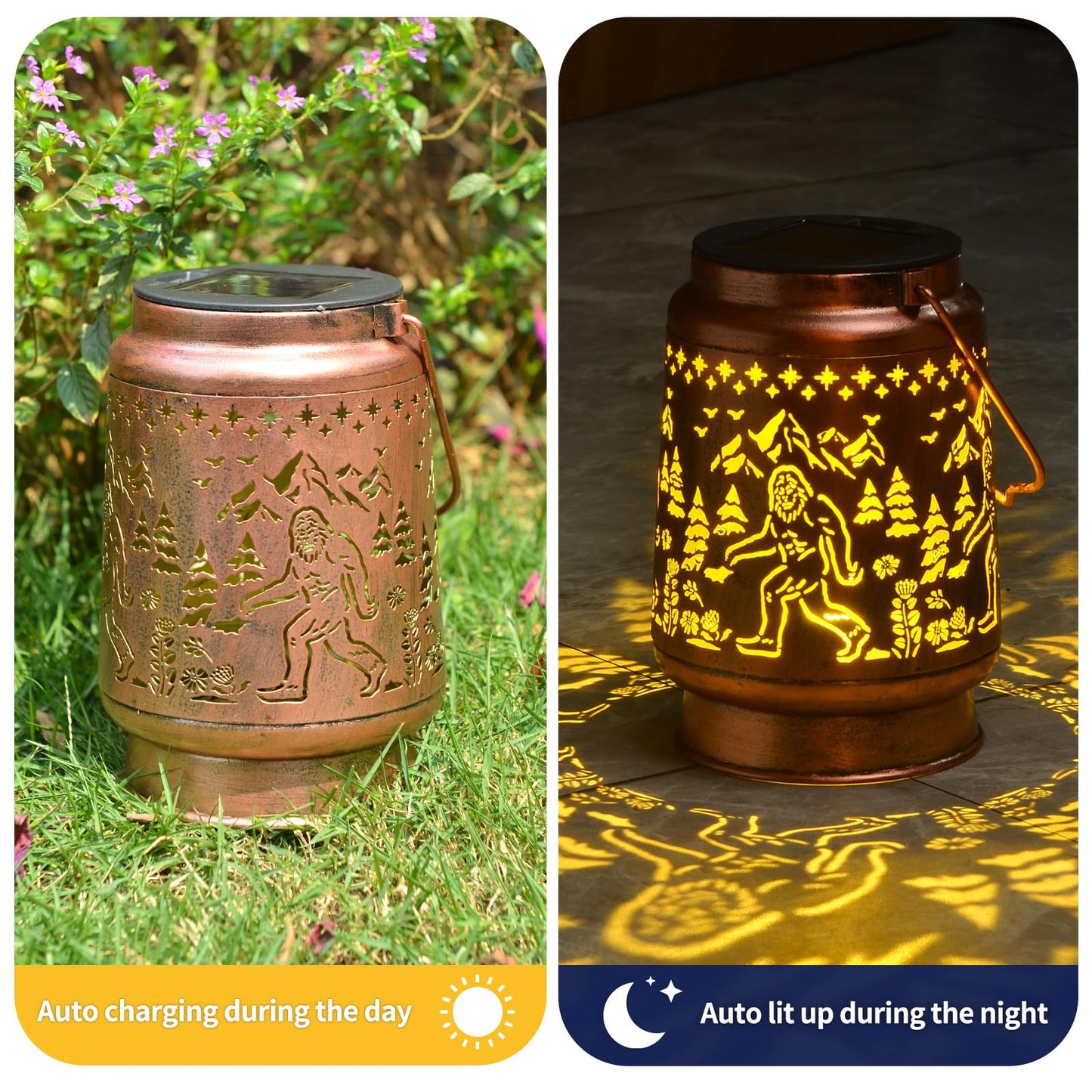 KIKUSUI Solar Bigfoot Lantern - Waterproof Metal LED Hanging Light for Yard, Patio, Garden - Warm White, Model DL16