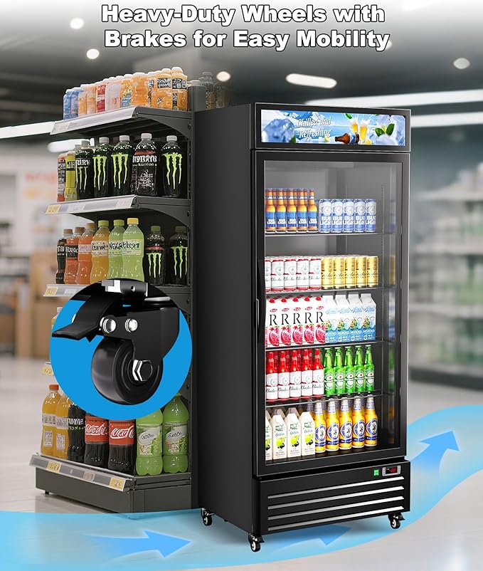 Tylza Commercial Refrigerator with Glass Door Display Beverage Fridge, 21.2 Cu Ft Upright Beverage Cooler Merchandiser with Rebound Door, Fast Cooling, Low Noise, Black