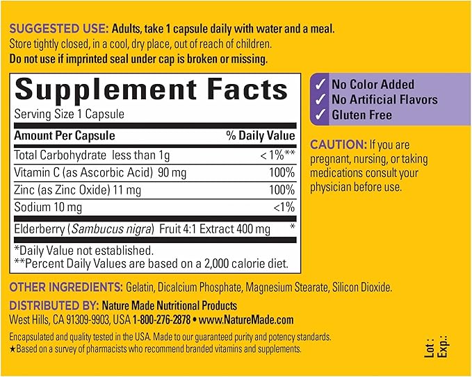Nature Made Elderberry 400 mg Extract with Vitamin C and Zinc, Dietary Supplement for Immune Support, 60 Capsules, 60 Day Supply