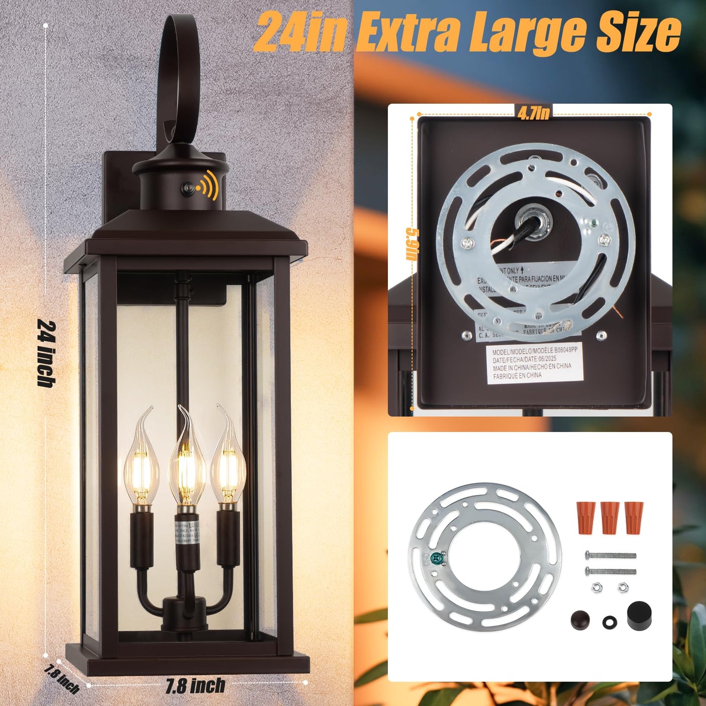 Siafavoi 24 Dusk To Dawn Outdoor Wall Sconce: Bronze Large Porch Light 3-Light Waterproof Modern Exterior Lighting Fixture Wall Mounted  Outside Lamp For House Garage E12