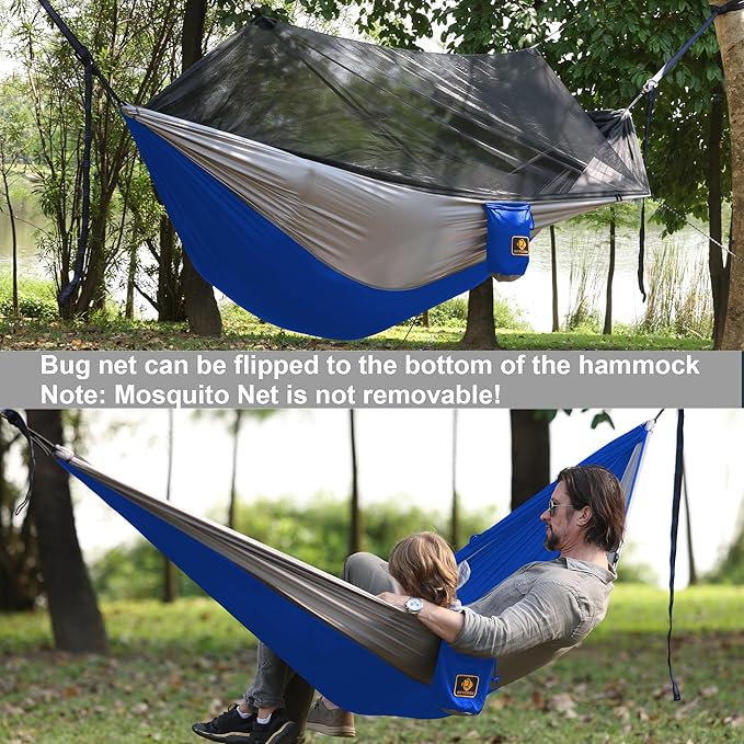 Camping Hammock with Net,Travel Portable Lightweight Hammocks with Tree Straps and Solid D-Shape Carabiners,Parachute Nylon Hammock for Outsides Backpacking Beach Backyard Patio Hiking Blue & Grey