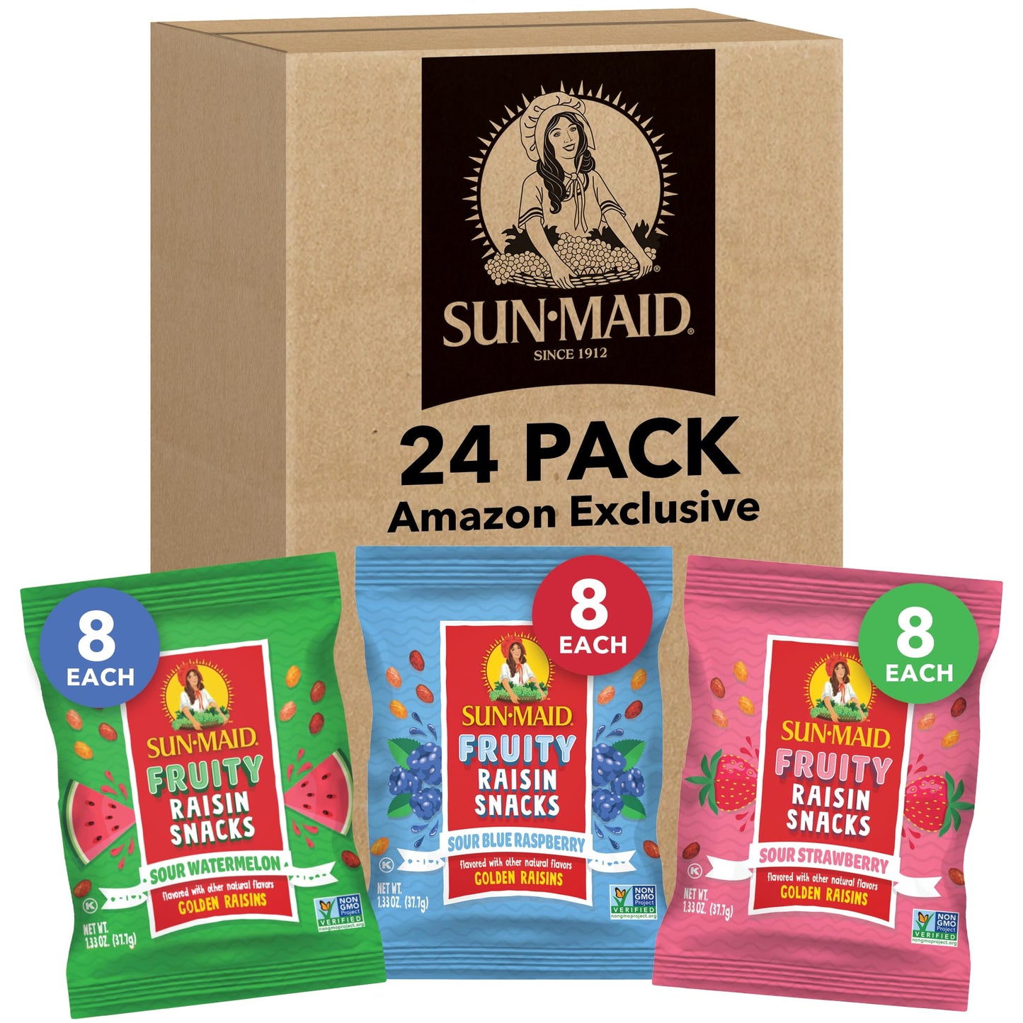 Sun-Maid Fruity Raisin Snack Variety Pack - Sour Strawberry, Watermelon & Blue Raspberry - 24 Pack (1.33 oz Pouches)