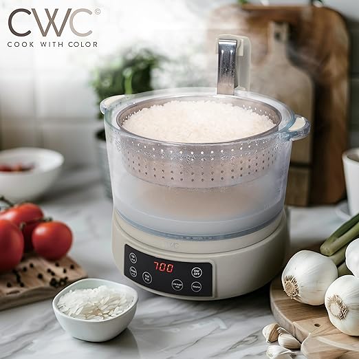 COOK WITH COLOR 3L Glass Mini Low Carb Rice Cooker – Holds 2 Cups Raw/Makes 6 Cups Cooked with Auto Lift Filter Basket, Hotpot & Steamer for Rice, Grains, Digital Panel with Keep Warm, Greige