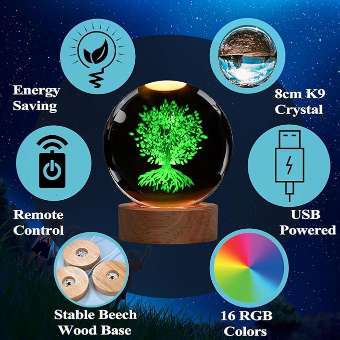 Tree of Life Crystal Night Light, Tree of Life Gifts, K9 3.15 Inch(80mm) Crystal Ball Night Light with 16 Colors Remote Upgraded Lamp for Birthday Xmas Plant Sphere for Room Decor Boys Girls