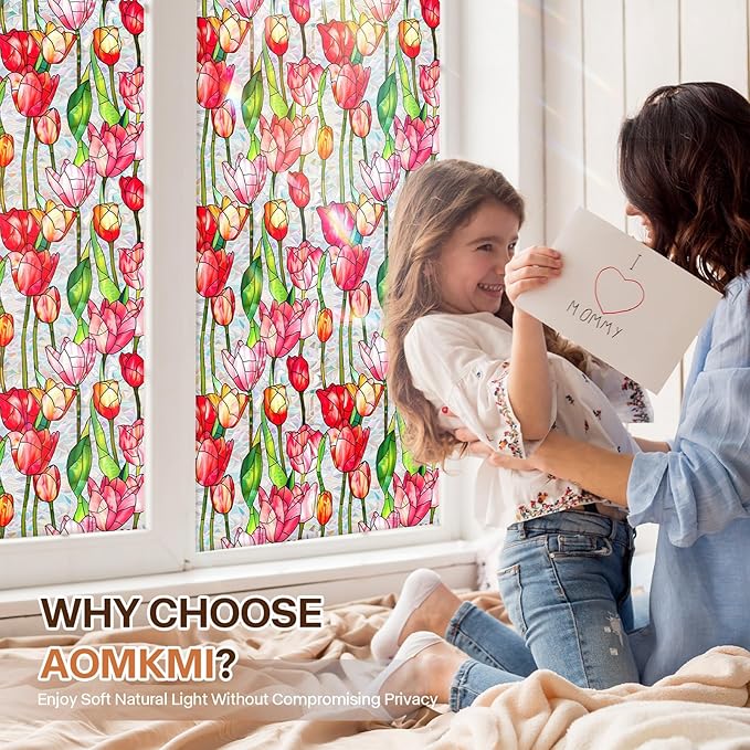 Stained Glass Window Film UV Resistant Window Privacy Film Red Floral Privacy Rainbow Decals Living Room Bedroom Sun Blocking Decor Removable Static Cling Stickers 17 x 78.74 Inch