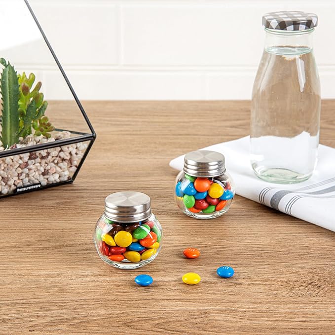 Restaurantware Vetri 2 Ounce Mini Favor Jars 100 Durable Candy Jars - With Wide Spout Chrome Lid Clear Glass Candy Jars Dishwashable