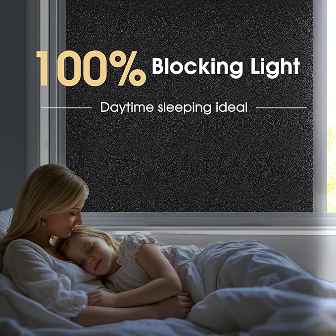 Coavas Blackout Window Privacy Film, Total 100% Light Blocking Window Tint for Home, Black Out Cover Room Darkening, Static Cling Removable Frosted Glass Door Coverings, 17.5 x 118.1 Inch, Blackout