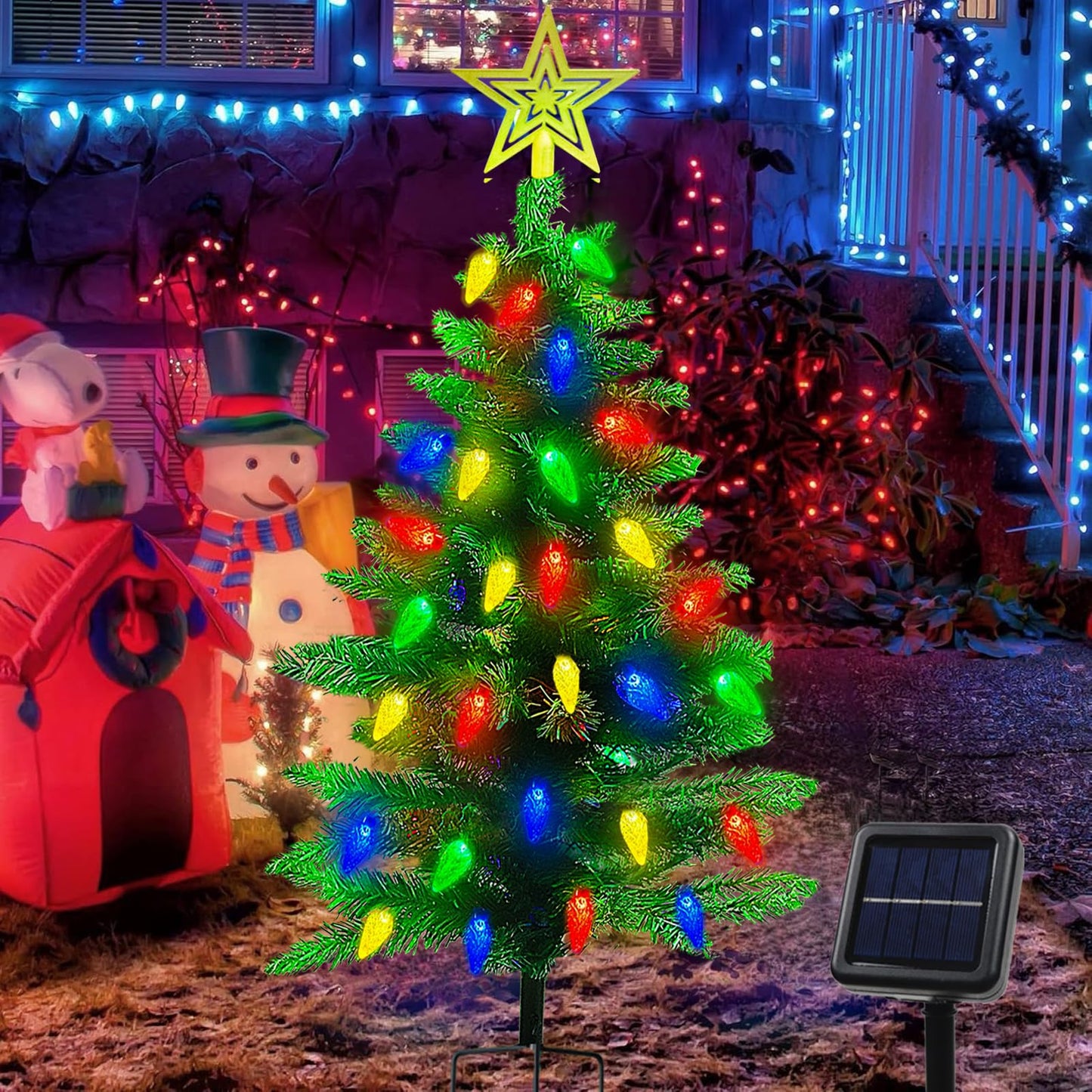 4Ft Solar Christmas Tree Christmas Decorations Outdoor  250 Branch Small Xmas Tree With 100 Led C6 Lights  Waterproof Solar Christmas Lights For Porch  Pathway  Yard  Cemetery  1 Pack