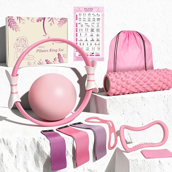 LZCDUDU Pink Pilates Ring Kit with 14.5 inch Magic Circle & Foam Roller, Ergonomic Home Workout Equipment Set, Full Pilate...