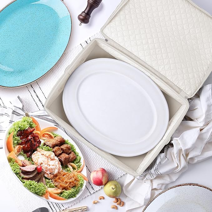 Platter Storage Case – Fine China Storage Containers Hard Shell, Quilted and Stackable 16”x 12.5”x 3.5” Platter Storage Container with Handles and Felt Dividers for Moving and Seasonal Storage, Cream