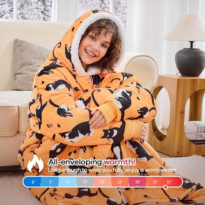 yescool Wearable Blanket Hoodie, Flannel Sherpa Fleece Blanket Sweatshirt for Adults Women Men,One Size Fits All