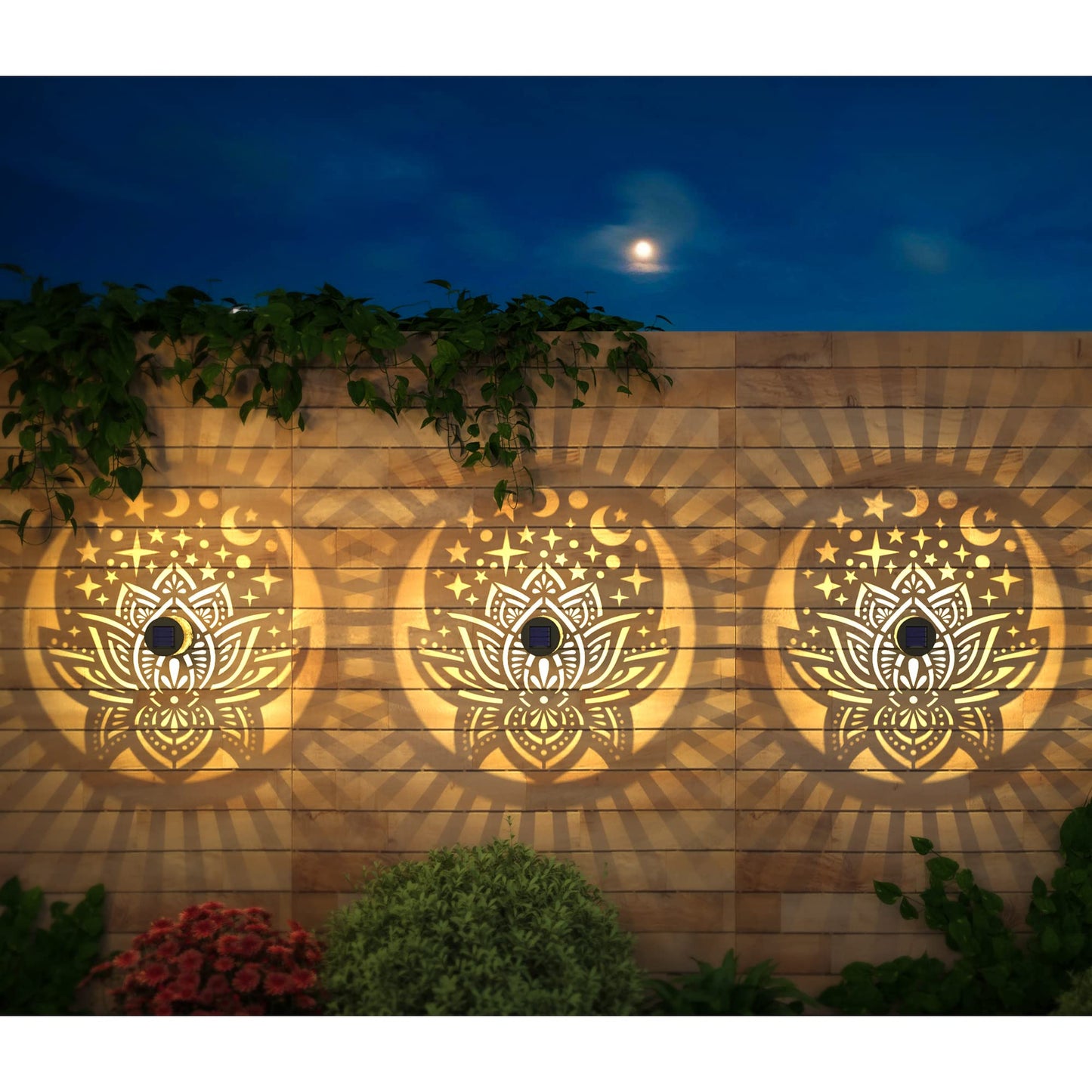 Gardencave 2 Pack Solar Fence Lights Metal Solar Powered Outdoor Wall Deck Lights Lotus Theme Waterproof Fence Light For Garden Post Patio Backyard Yard Decor (Lotus  2 Pack)