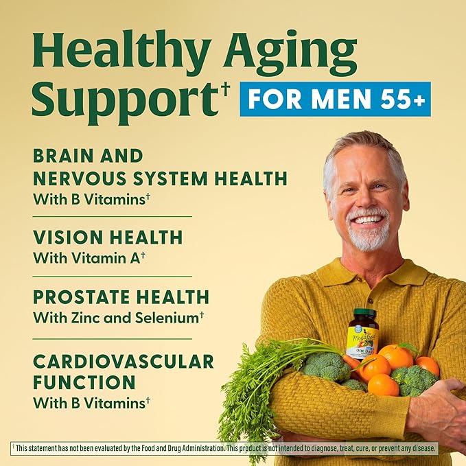 MegaFood Men's 55+ One Daily - Multivitamin for Men with Vitamin B12, C, D & Zinc - Optimal Aging & Immune Support Supplement - Vegetarian - Made Without 9 Food Allergens - 90 Tabs