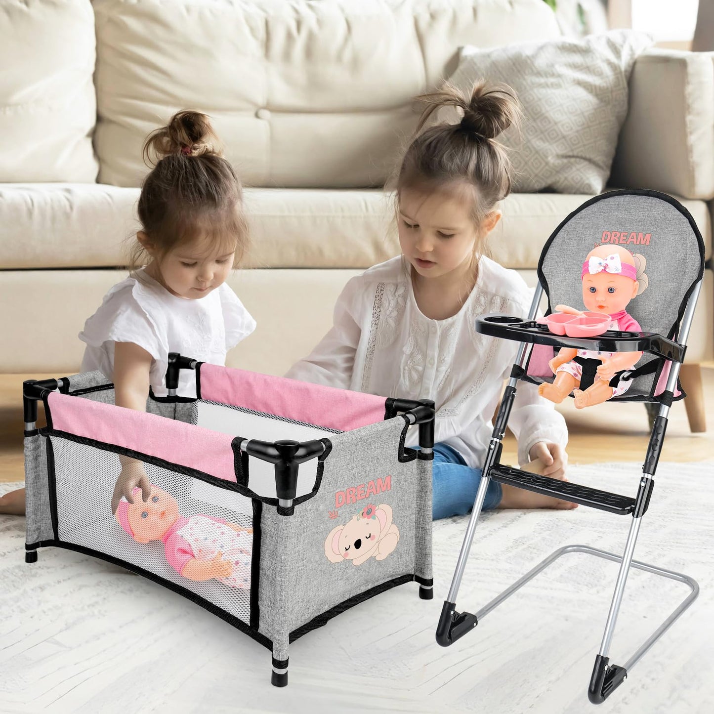 deAO Baby Doll Accessories Baby Doll Playset Furniture Set Baby Doll Crib High Chair Diaper Bag, Pretend Play Role Play Doll Accessories Set, Birthday Gifts for Kids Girl Boy