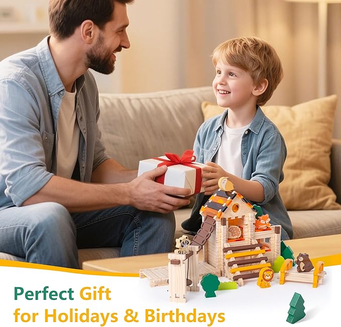 168 Pcs Wooden Blocks Toys with Grass and Small Animals,Classic Old Fashioned Toys,Wooden Building Blocks for Kids Ages 3-9 Boys and Girls
