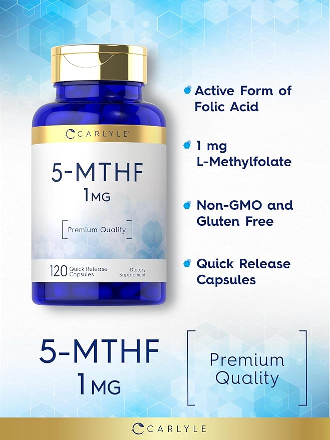 Carlyle 5-MTHF Folate Supplement | 1mg | 120 Capsules | Premium Quality L Methylfolate | Non-GMO, Gluten Free