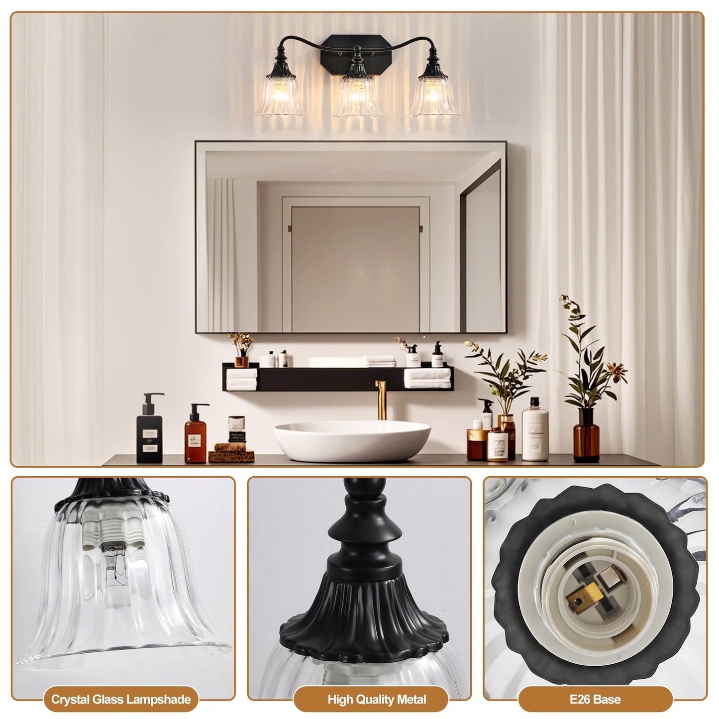 Lmnlvn Bathroom Vanity Black Vintage Light Fixture  3 Lights Bathroom Lighting Matte Antique Brass Finish With Crystal Glass Shade  Black Vintage Vanity Light For Bathrooms