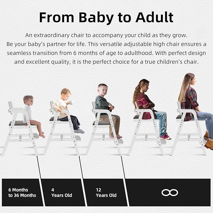 Wooden High Chair Baby Highchair, Portable HighChair for Babies & Toddlers, Adjustable and Convertible Kids Dining Chair with Removable Cushion, Easy to Clean, Water Resistant (White)