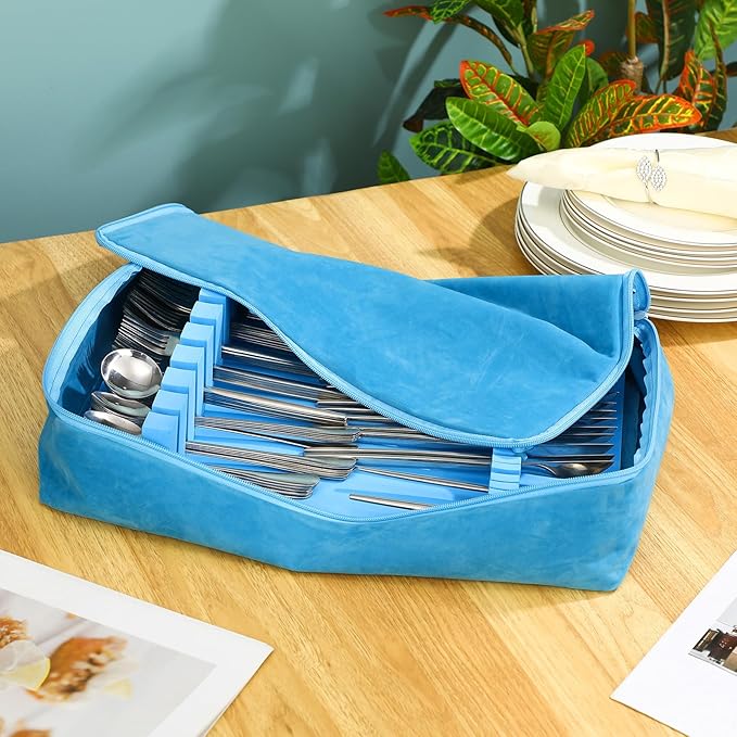 Zippered Flatware Storage Drawer Liner Silverware Storage Bag Tarnish Preventative Silver Organizer Cutlery Case Container Box Large Capacity Silverware Chest 15.75" x 11.02" x 3.94"(Blue)