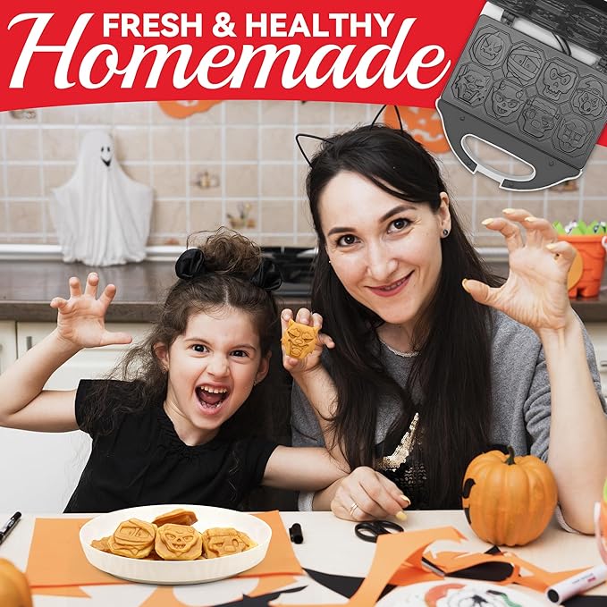 Spooky Mini Waffle Maker for Kids, Mini Pancake Maker Machine, Electric Small Waffle Iron, 8 Fun Character Waffle Maker, Gift for Christmas Halloween, White