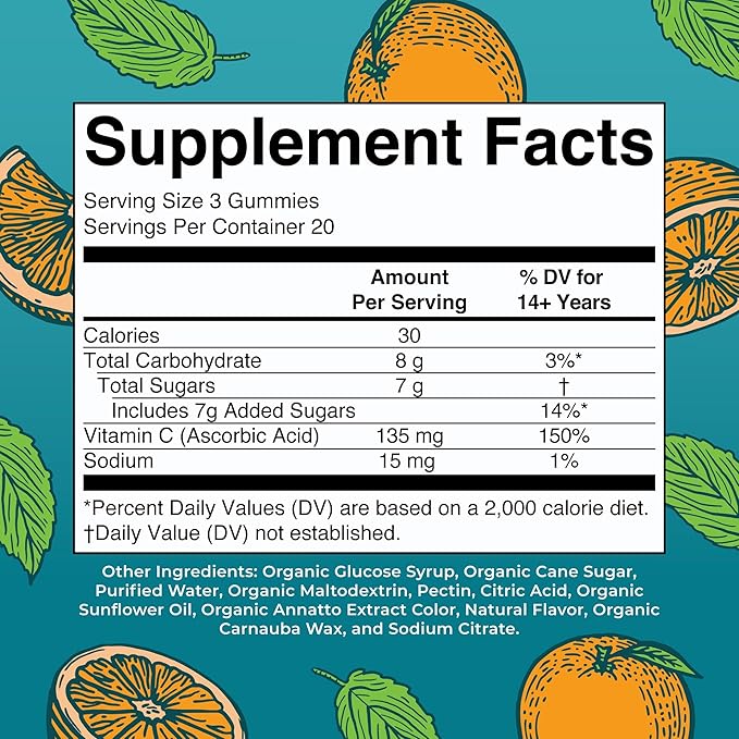 MaryRuth Organics Adult Vitamin C Gummies | USDA Organic | Vegan Chewable Vitamin C Gummies for Ages 4+ | for Immune Support & Overall Wellness | Vegan | Non-GMO | Orange Flavor | 60 Count
