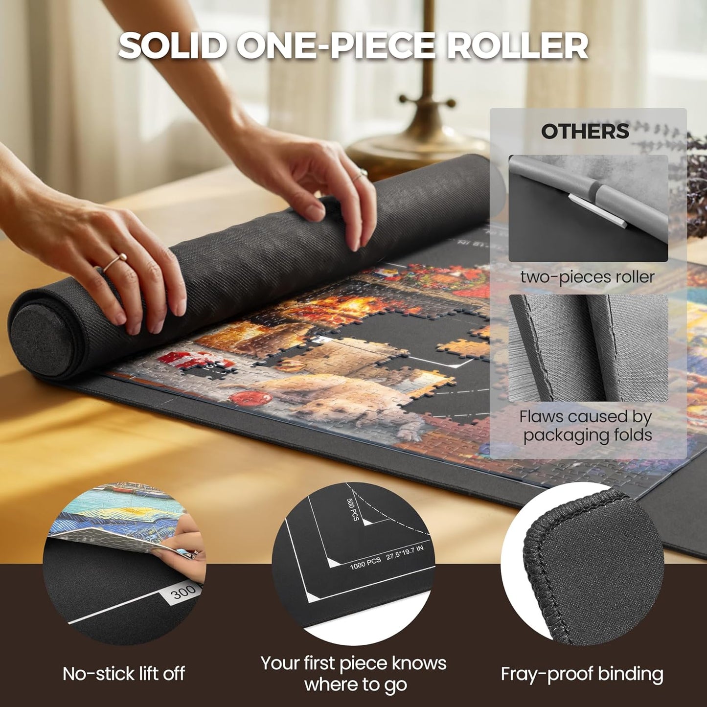 ropoda 1500 Pieces 46" x 26 "Puzzle Mat Roll Up, Puzzle Saver with 4 Large Sorting Trays & Travel Storage Bag, Portable Rollup Puzzles Keeper (Black)