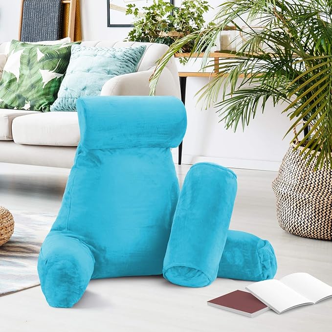 Nestl Reading Pillow Large Bed Pillow, Back Pillow for Sitting in Bed Shredded Memory Foam Chair Pillow, Reading & Bed Rest Pillows Bright Blue Back Pillow for Bed, Bed Chair Arm Pillow with Pockets