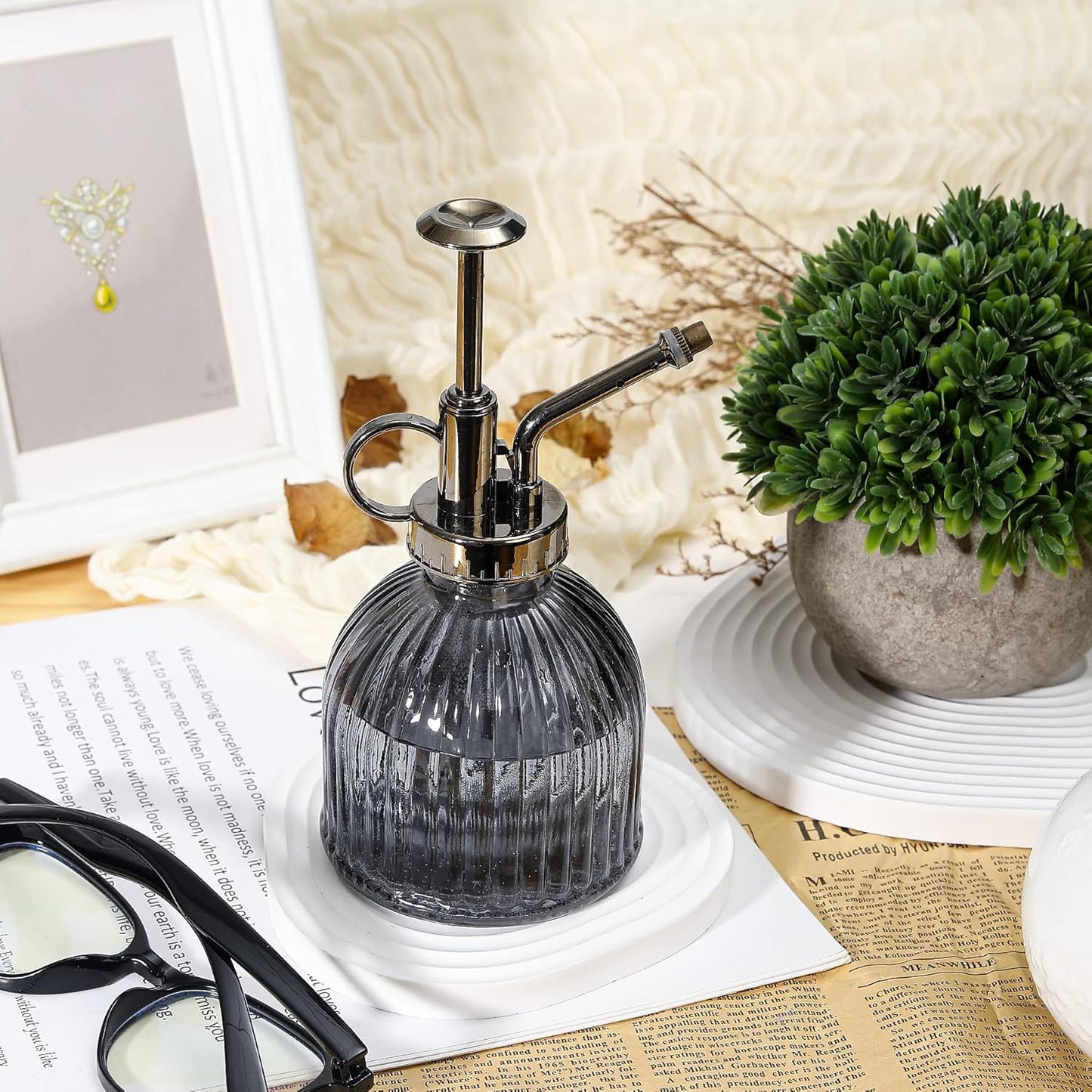 Glass Plant Mister Spray Bottle, Succulent Spray Bottle with Top Pump, Glass Plant Sprayer Mister Vintage Spritzer Small Watering Can for Indoor Outdoor Houseplant - Grey
