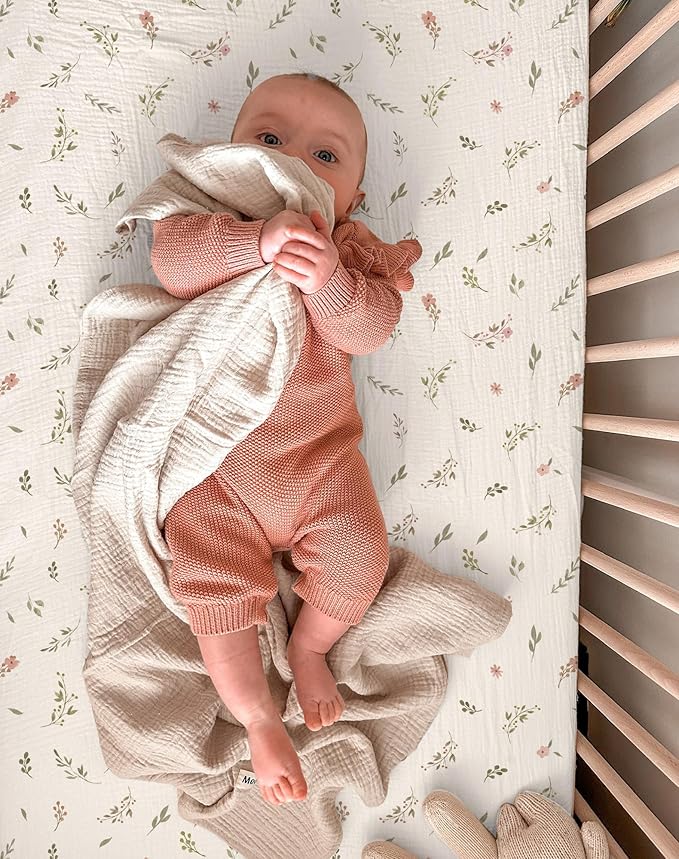 Crib Sheets for Baby Boy Girl 2 Pack, Fitted Crib Mattress Sheet 28" x 52", Muslin Toddler Bedding with Neutral Style, Nursery Bedding Essentials (Petal Leaf & Pink)
