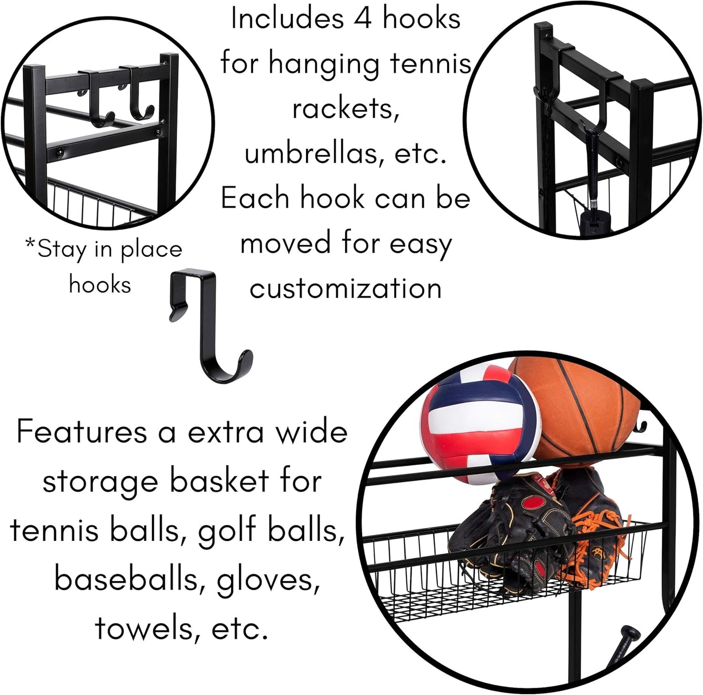 BIRDROCK HOME Sports Equipment Ball Organizer 43"H for Garage -Storage Rack - Baseball, Tennis, Football, Gym Gear - Wide Bin Basket - 4 Hooks - Kids Toy Holder - Hockey Stick Cage | Indoor - Outdoor