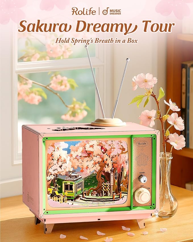Rolife 3D Wooden Puzzles for Adults DIY Book Nook Kit 16" Japanese Cherry Blossom Music Box Toy Building Set Home Decor Gifts for Girls Boys Adults (Sakura Dreamy Tour)