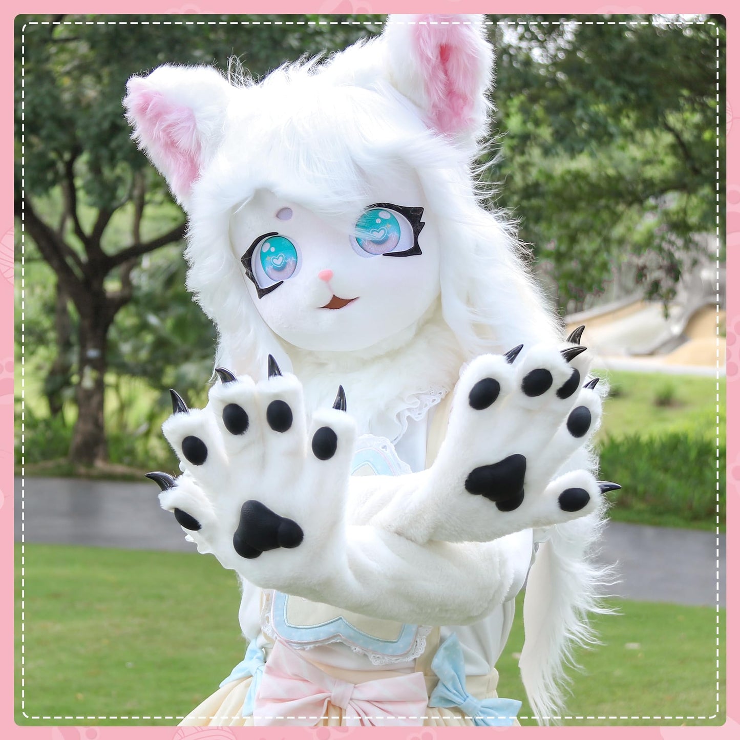 ZFKJERS Cosplay Furry Cat Claw Long Gloves Five-Finger Paws Mittens Costume Accessories for Halloween (White Black, Medium)