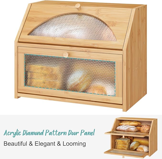Bread Box, Bamboo Wood Bread Box for Kitchen Counter, Double-layer Bread Storage Bin, Acrylic glass with Diamond Patterns (Natural, Large)