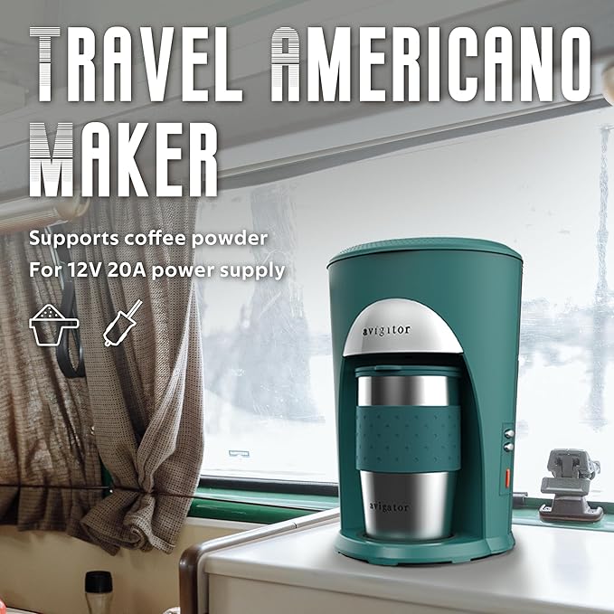 Portable Coffee Maker for Travel Camping Car, Ground Coffee Machine Single Serve with 10 oz Travel Mug for Traveling, RV, Office, Home and Dorm, 12V, Green