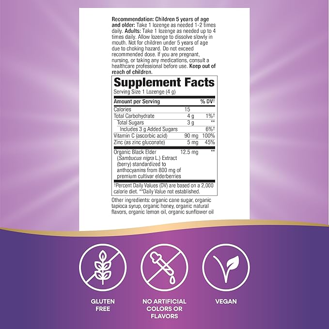 Nature's Way Sambucus Zinc Lozenges - With Elderberry & Vitamin C - Black Elderberry Extract - For Immune Support* - Honey Lemon Flavor - 24 Lozenges (3 Pack)