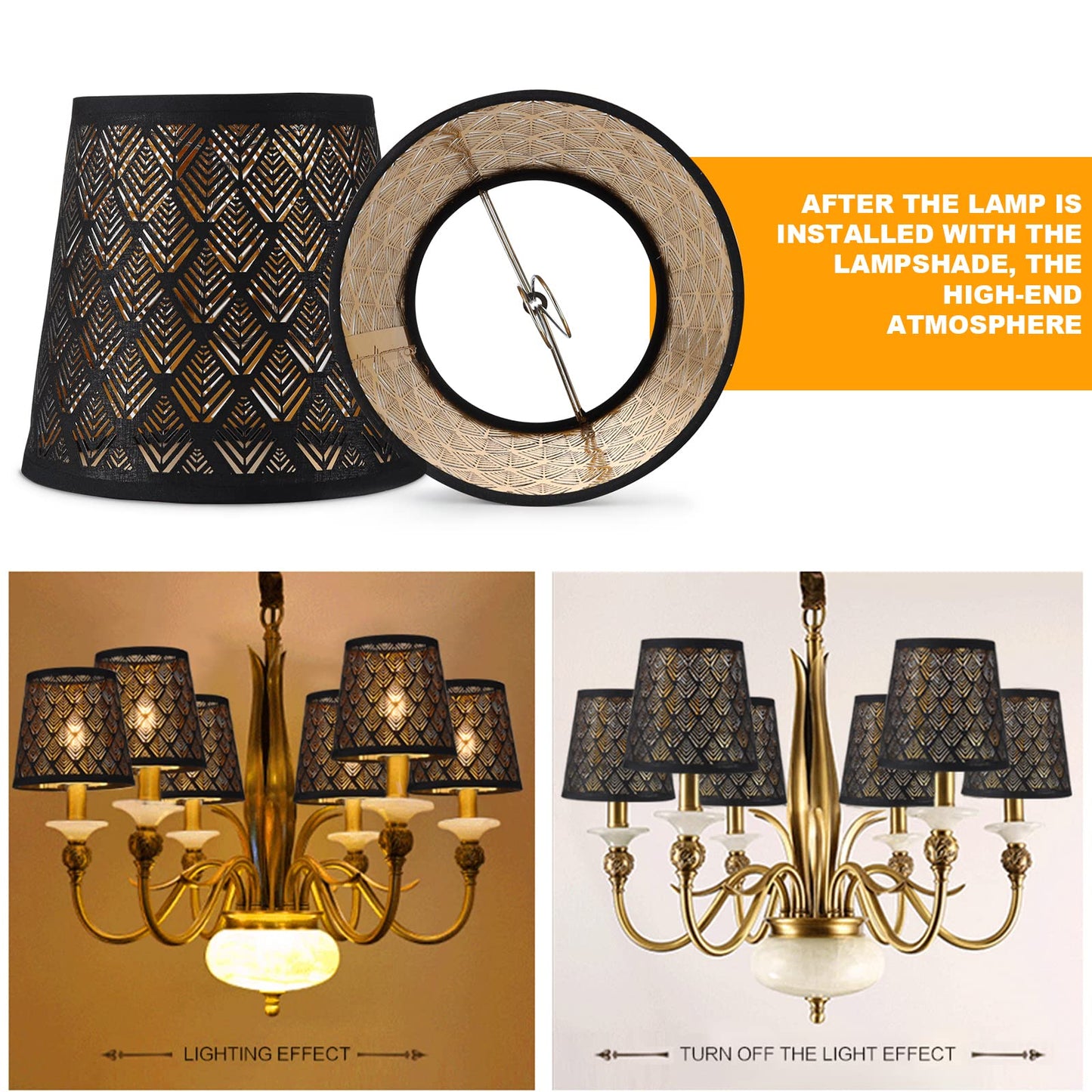 YISUN Chandelier Shades, Crystal Clip On Lamp Shade, Black, Set of 6, Model DF-LCZD10-DKA, Cloth and PVC Material