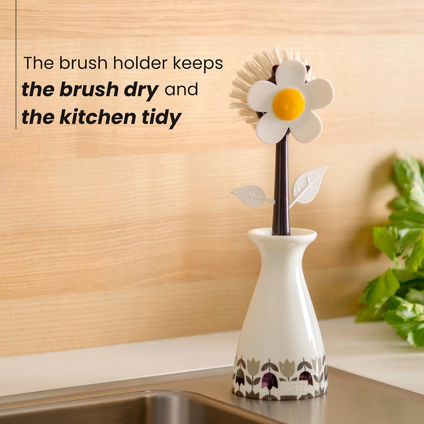 Vigar Flower Power Dish Brush with Vase Brush Holder, Dish Brush with Handle for Pot Scrubber, Dishes, Sink, and Kitchen Essentials, White, Black