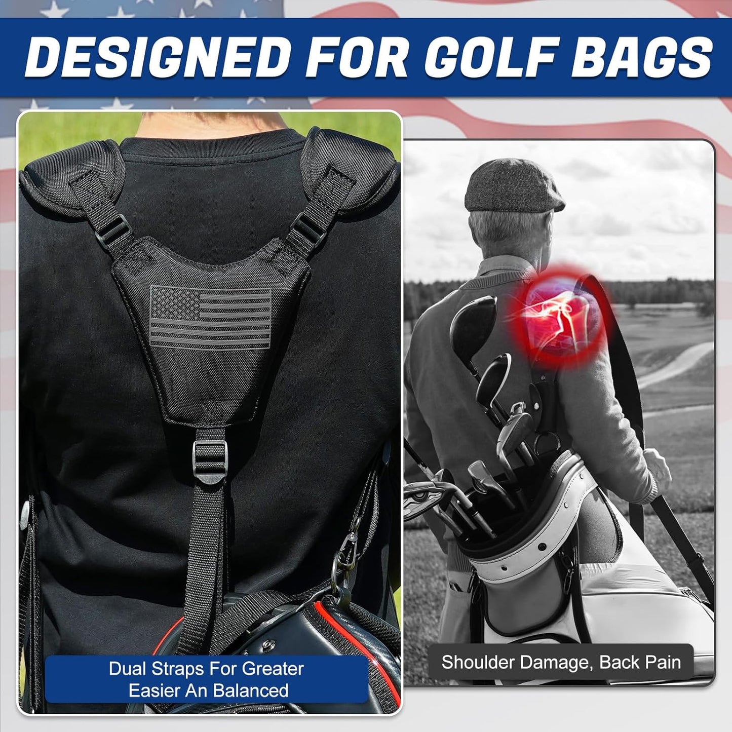 Golf Bag Straps, Universal Replacement Double Shoulder Shoulder Straps, Sailcloth Golf Bag Carry Strap USA Flag