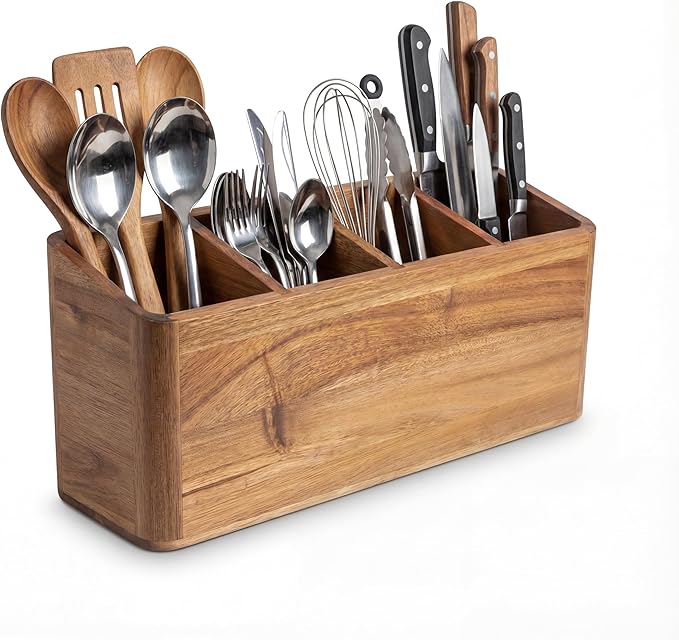 Dstuff Large Kitchen Utensil Holder Organizer for Counter or Countertop, Wooden Storage Container for Cooking and Silverware, Acacia Rustic Wood (4 Compartments)